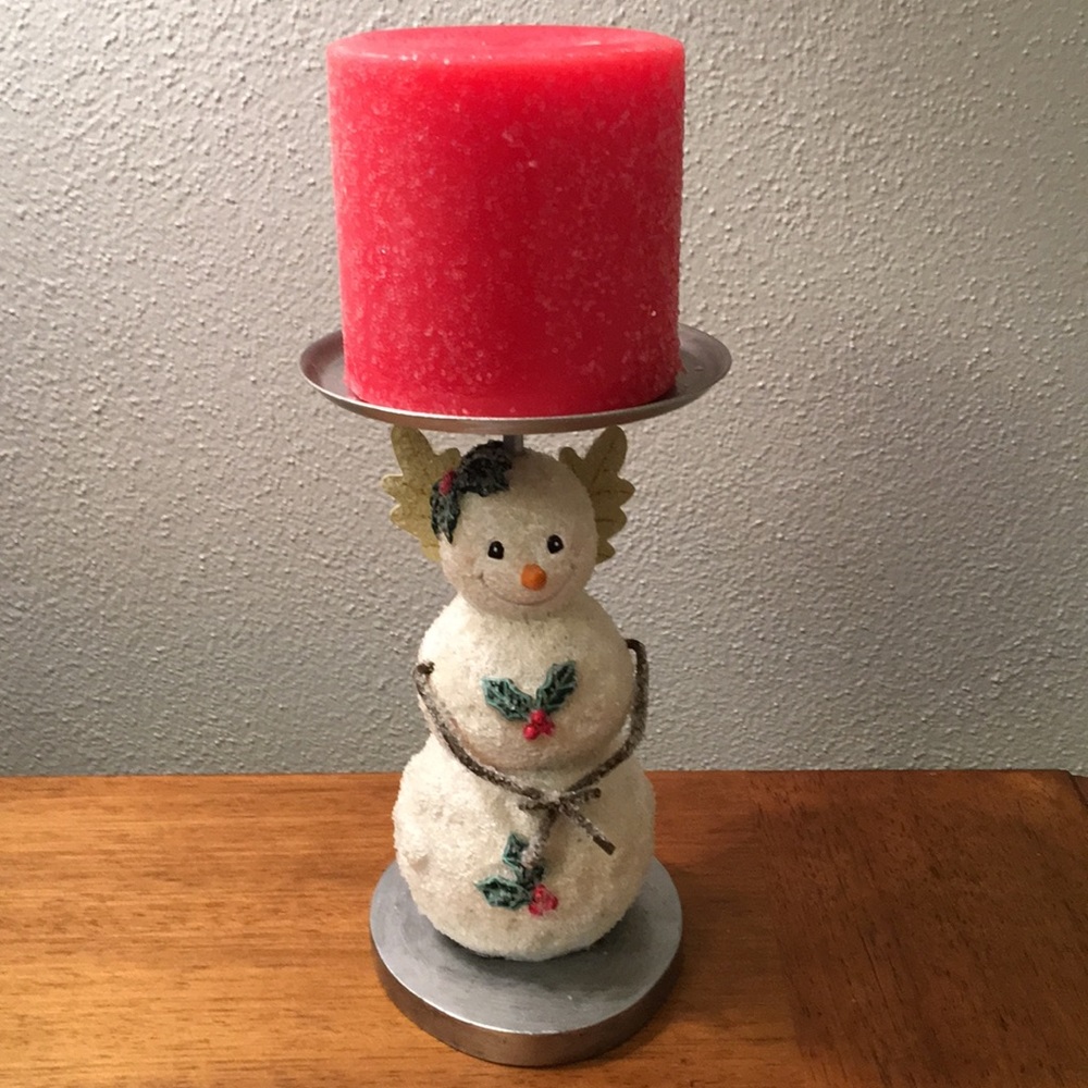White Barn Candle Co. Snowman w/angel wings Holder & Red Candle